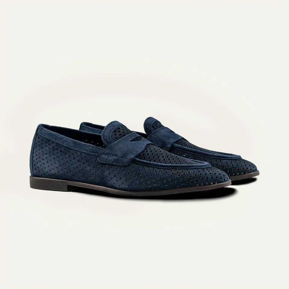 Dellovo Nisida Bluette loafer uomo camoscio traforato