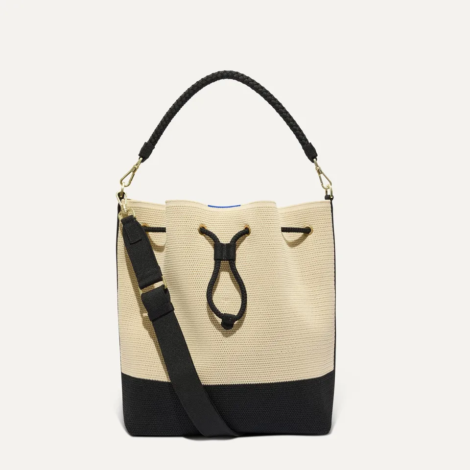 Rothy's Cinch Bucket Bag secchiello Black White raffia