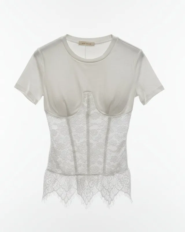 Linea Elle Maglia cotone e pizzo donna bianca coppe imbottite
