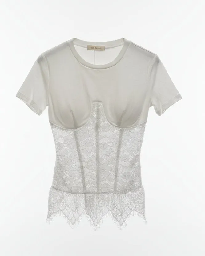 Linea Elle Maglia cotone e pizzo donna bianca coppe imbottite