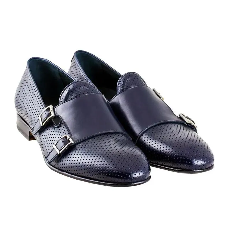 Sandro Barbera Fibbie Uomo 1085 Slip Monk scarpe blu microforate