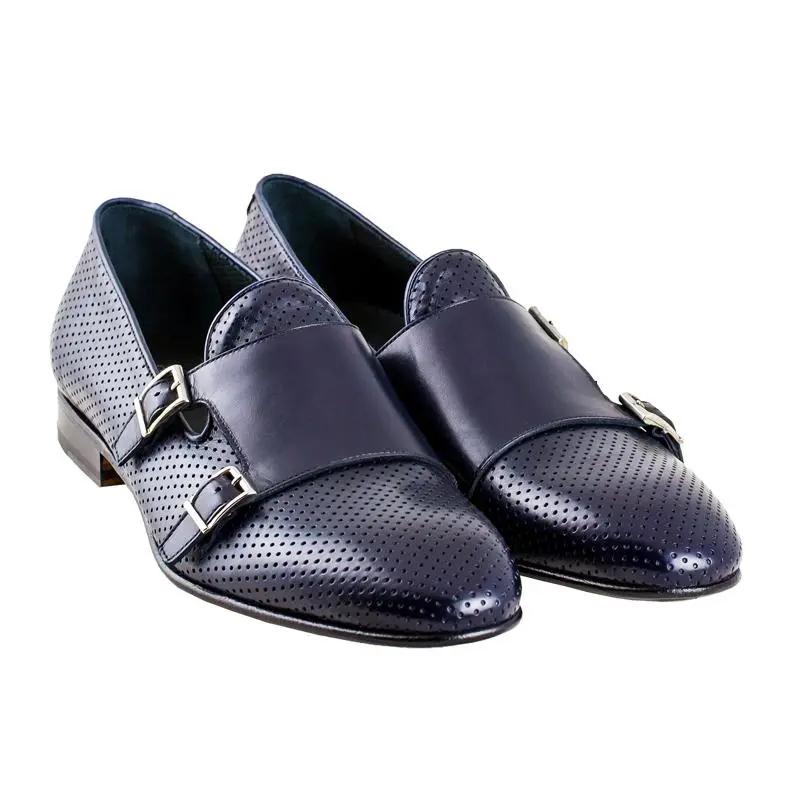 Sandro Barbera Fibbie Uomo 1085 Slip Monk scarpe blu microforate