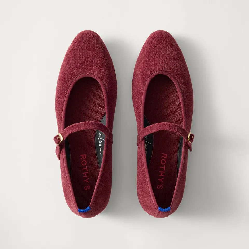 Rothy's Almond Mary Jane ballerine ReVelvet Cabernet bordeaux