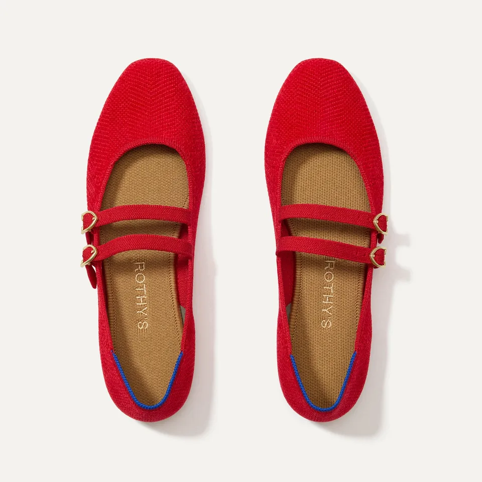 Rothy's The Double Buckle Mary Jane ballerine Red Crisp revelvet