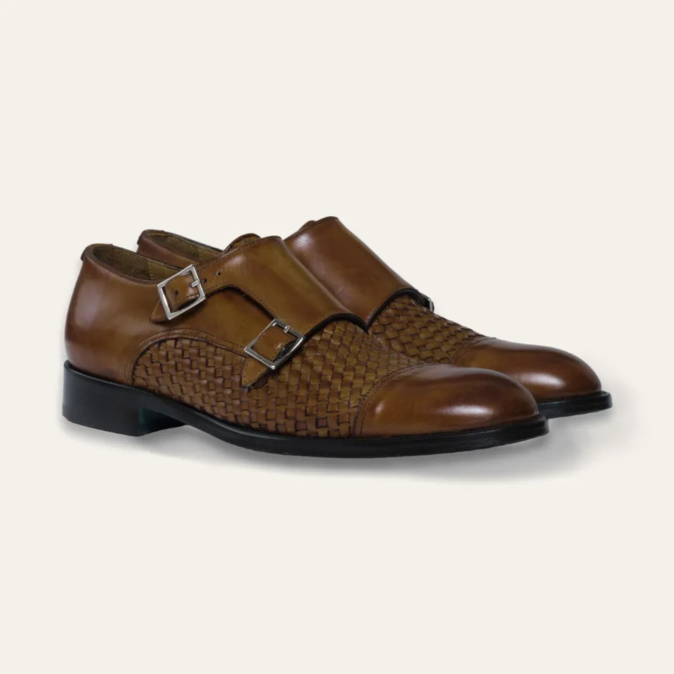 Dellovo Sannazzaro monk strap uomo tan intrecciato