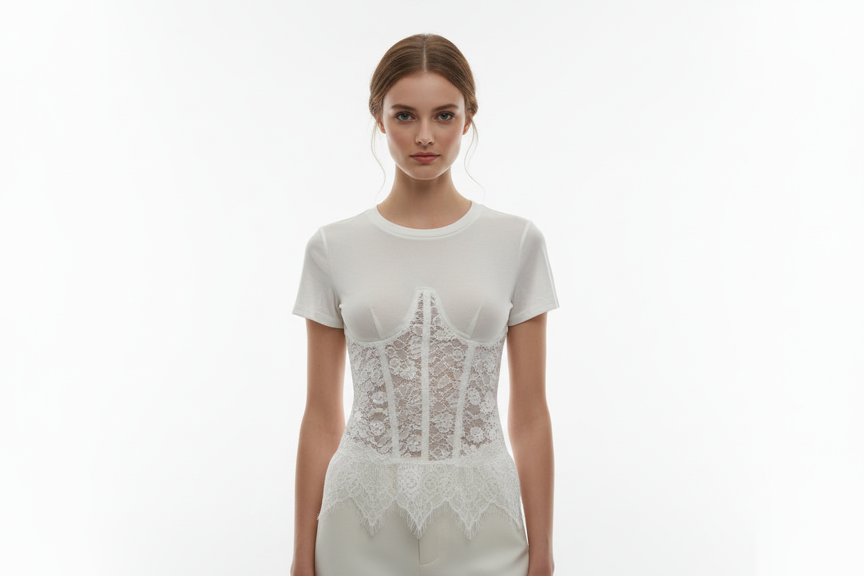 Linea Elle Maglia cotone e pizzo donna bianca coppe imbottite