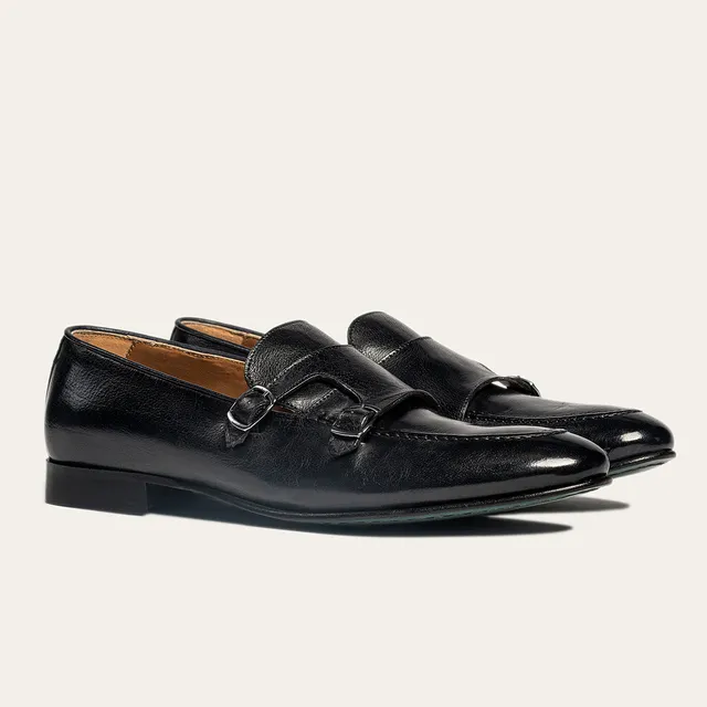 Dellovo Miliscola Mocassino Uomo nero doppia fibbia pelle