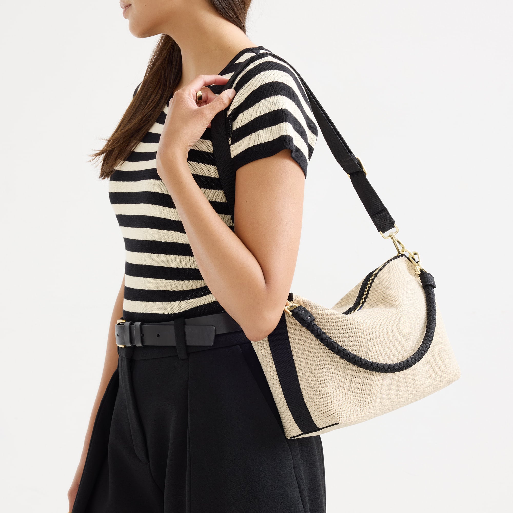 Rothy's The Daily Crossbody borsa tracolla rafia nero bianco zip