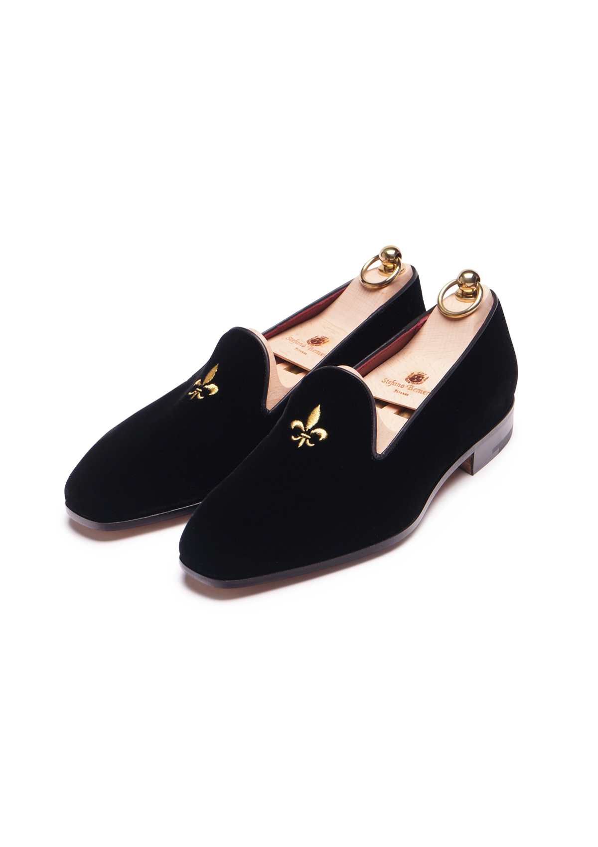 Stefano Bemer Loafers C1100 Mocassini Velluto Blu Stemma Oro